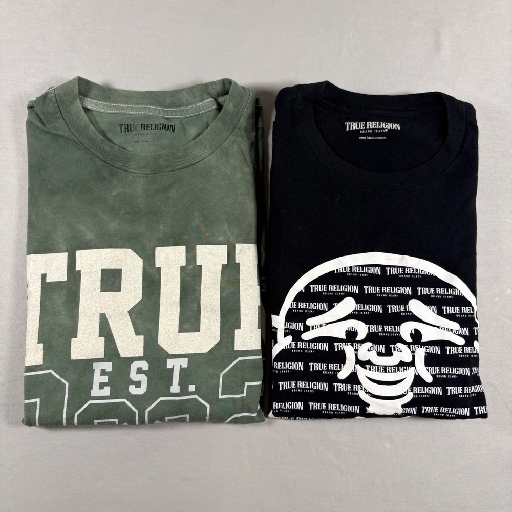 True Religion Mens Graphic T-Shirt Bundle Green Tie Dye Black Buddha Logo Small